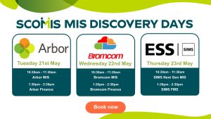 Graphic showing Discovery Days for Arbor, Bromcom and SIMS with dates